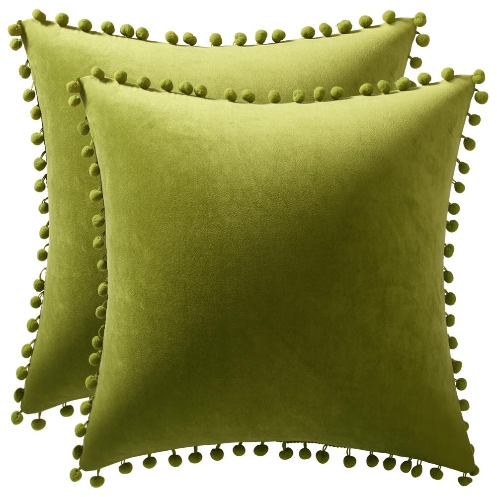 DEZENE Couch Pillow Cases 24x24 Chartreuse: 2 Pack  Soft Pom-Poms Velvet Square - Picture 6 of 9